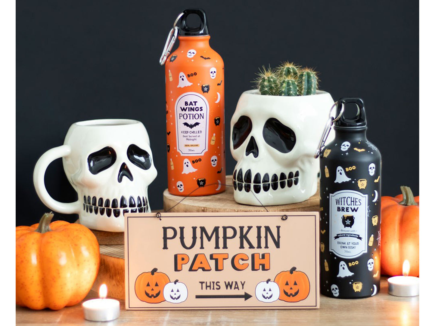 Orange Halloween Water Bottle with Ghosts, Spider Webs, Cauldrons - Reusable Water Bottles