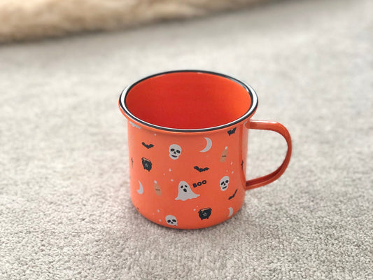 Halloween Mug in Orange with Black Bats, Cauldrons and Skulls - Enamel Coffee Cup
