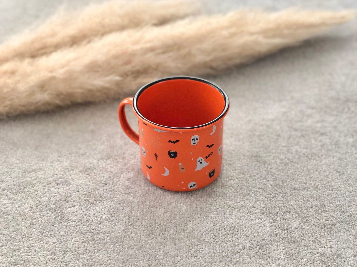Halloween Mug in Orange with Black Bats, Cauldrons and Skulls - Enamel Coffee Cup