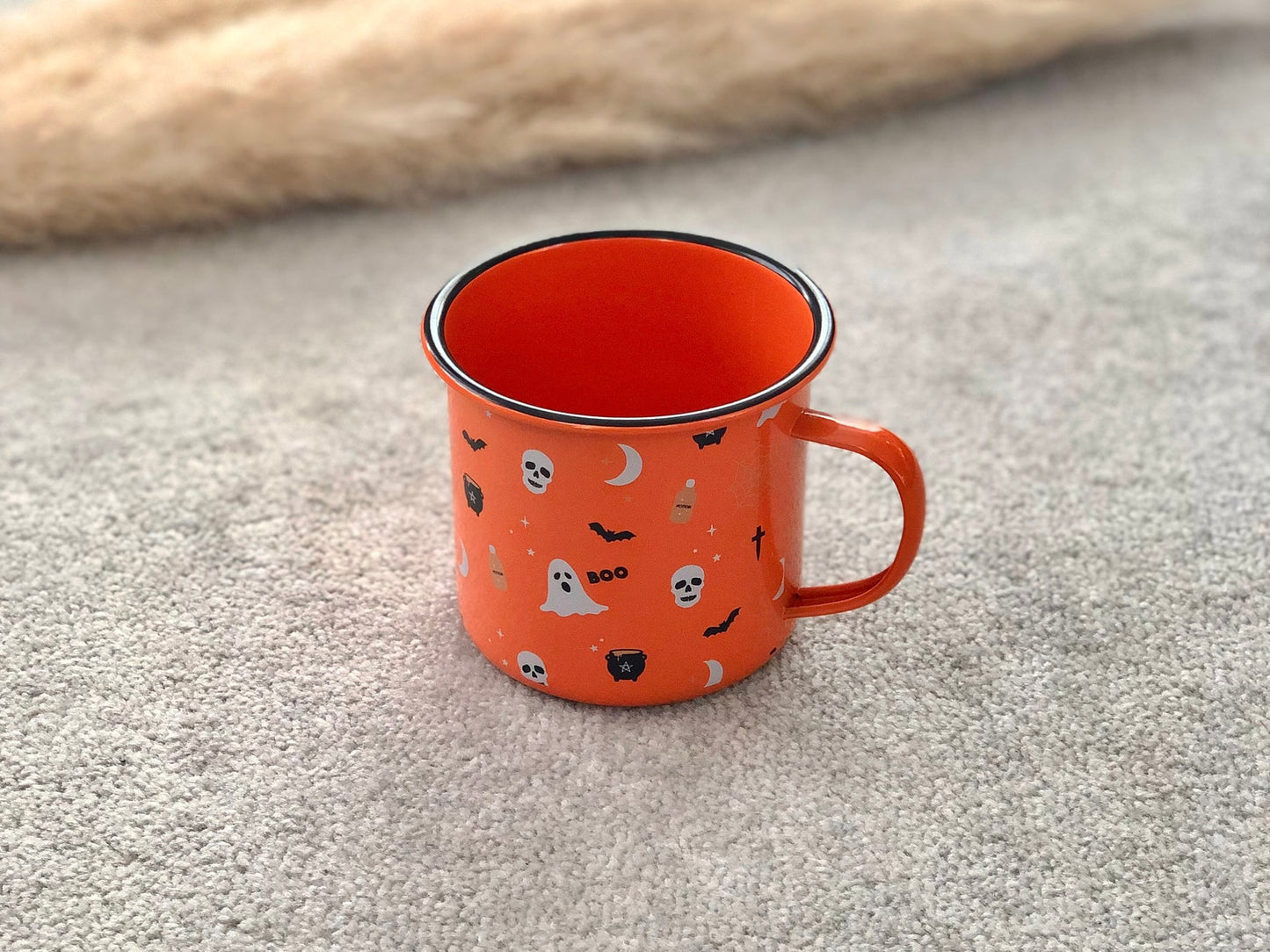 Halloween Mug in Orange with Black Bats, Cauldrons and Skulls - Enamel Coffee Cup