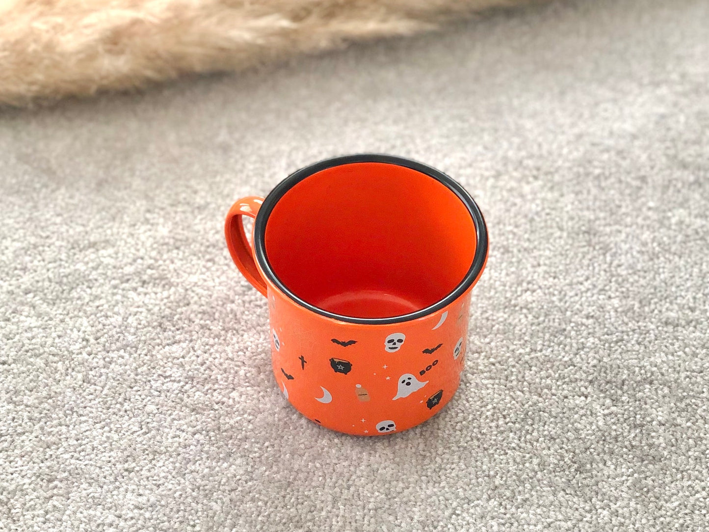 Halloween Mug in Orange with Black Bats, Cauldrons and Skulls - Enamel Coffee Cup