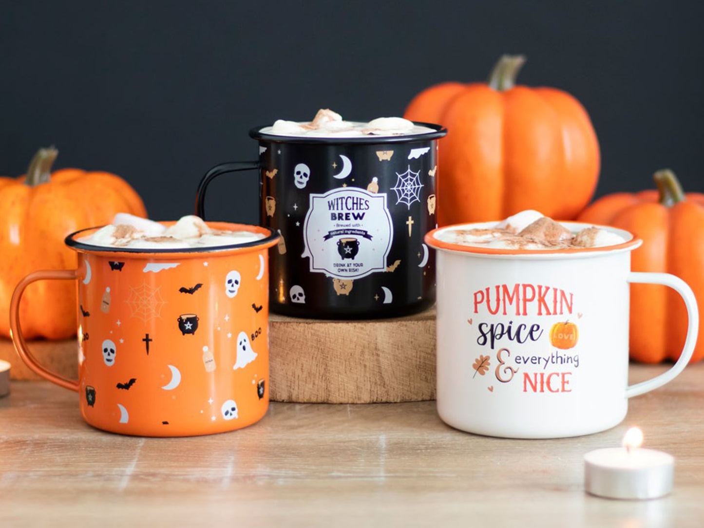 Halloween Mug in Orange with Black Bats, Cauldrons and Skulls - Enamel Coffee Cup