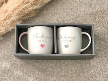 Blushing Bride & Dashing Groom Mug Gift Set - Wedding Mug Set - Engagement Gift