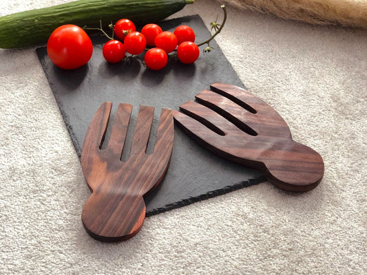 Wooden Salad Serving Utensils (Pair) - Hand Shape Salad Server Spoon