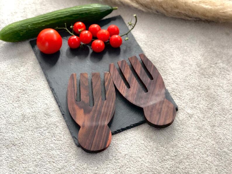 Wooden Salad Serving Utensils (Pair) - Hand Shape Salad Server Spoon