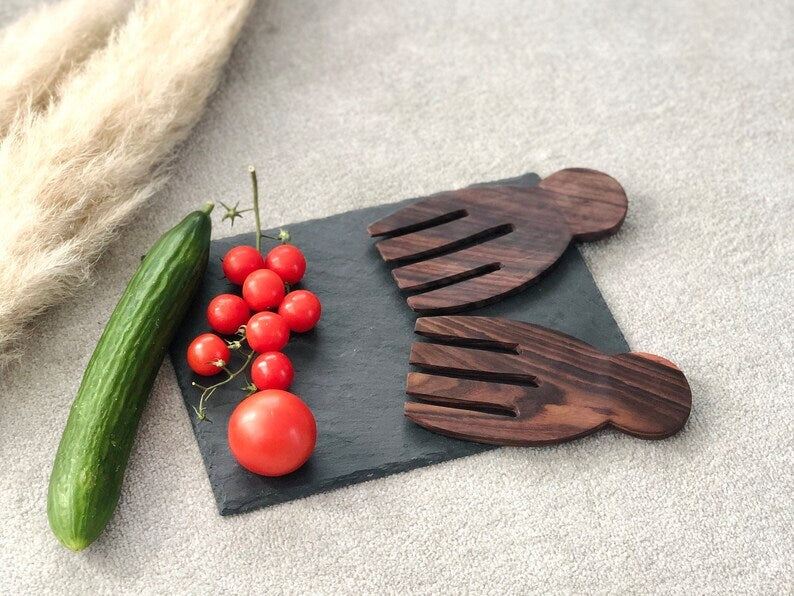 Wooden Salad Serving Utensils (Pair) - Hand Shape Salad Server Spoon