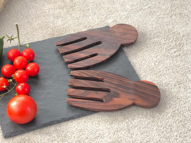 Wooden Salad Serving Utensils (Pair) - Hand Shape Salad Server Spoon