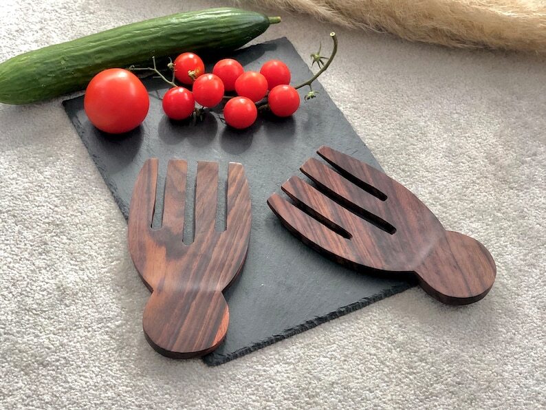 Wooden Salad Serving Utensils (Pair) - Hand Shape Salad Server Spoon