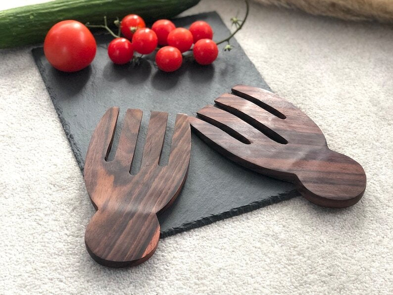 Wooden Salad Serving Utensils (Pair) - Hand Shape Salad Server Spoon